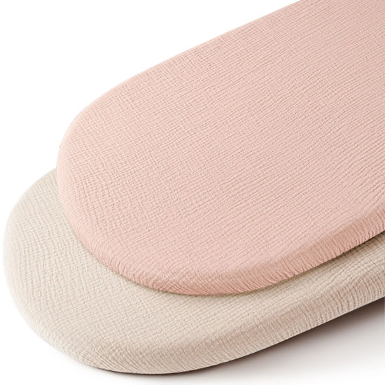 Picture of Konssy 2 Pack Muslin Fitted Bassinet Sheets for Baby Girl Boy, Soft Breathable Baby Bassinet Sheets Fit for Baby Bassinets, Cradle, Moses Basket Oval Rectangle Pad/Mattress (Pink,Summer Wheat)