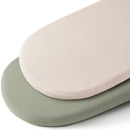 Picture of Konssy 2 Pack Muslin Fitted Bassinet Sheets for Baby Girl Boy, Soft Breathable Baby Bassinet Sheets Fit for Baby Bassinets, Cradle, Moses Basket Oval Rectangle Pad/Mattress (Fog Green,Cream)