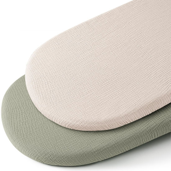 Picture of Konssy 2 Pack Muslin Fitted Bassinet Sheets for Baby Girl Boy, Soft Breathable Baby Bassinet Sheets Fit for Baby Bassinets, Cradle, Moses Basket Oval Rectangle Pad/Mattress (Fog Green,Cream)