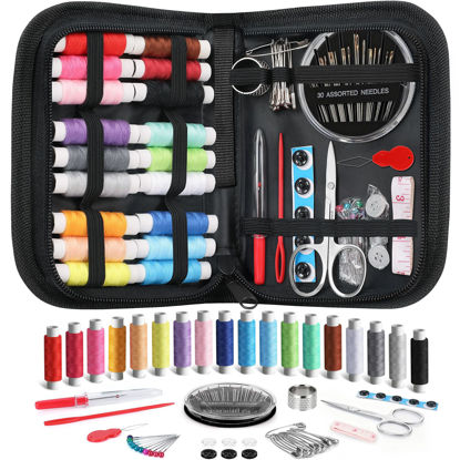 Picture of Coquimbo Sewing Kit Gifts for Mom Grandma Women Men Teen Girls Boys Beginner Traveler, Portable Sewing Supplies Accessories Contains Thread, Needles, Scissors, Dorm Room Essentials (Black, M)
