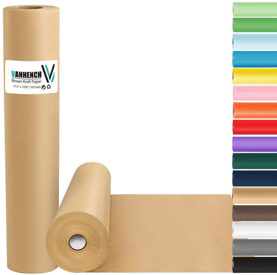 Picture of Vanhench Brown Wrapping Paper Roll, Craft Kraft Packing Paper 17.5"x 1200"(100') for Birthday Valentines Gift Bulletin Board Arts Bouquet Flower Table Covering Poster Moving Supplies 70GSM 50LB