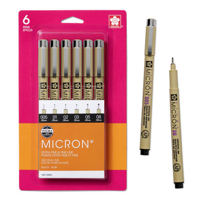 Picture of SAKURA Pigma Micron Fineliner Pens - Archival Black Ink Pens - Pens for Writing, Drawing, or Journaling - Assorted Point Sizes - 6 Pack