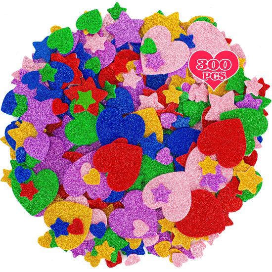 Picture of 300 PCS Glitter Heart Stickers, Colorful Self Adhesive Foam Star Heart Stickers, Arts Craft Mini Star Bulk for Valentine Crafts DIY Greeting Card Envelopes Scrapbooking