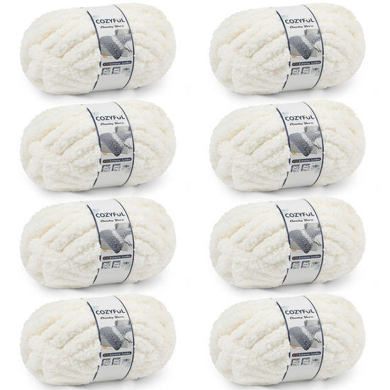Picture of Cozyful Chunky Yarn for Hand Knitting - #10 Chunky Chenille Yarn, Jumbo Big Thick Chunky Yarns for Crocheting, Super Bulky Chunky Knit Blanket Yarns, 8 Skein (25 yds 8 oz Each Skein), Cream