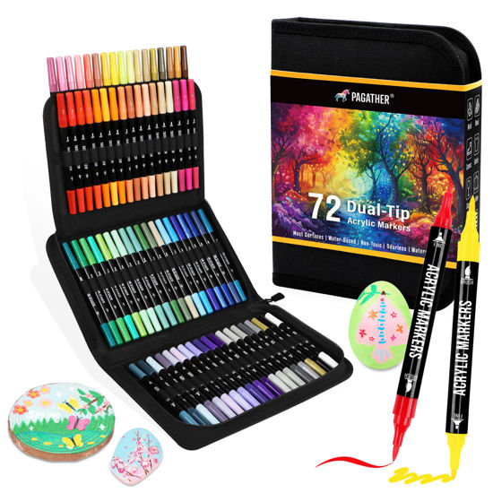 Picture of Pagather 72 Colors Acrylic Paint Markers, Dual Tip with Fine Tip and Brush Tip Pens for Stone, Wood, Calligraphy, Canvas, Ceramic, Metal, Glass, Rock Painting, DIY Crafts Art Supplies Kit