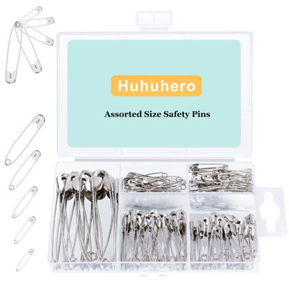Picture of Huhuhero 160Pcs Safety Pins, Large & Small Safety Pins for Clothes Sewing Craft, Nickel Plated Steel Assorted Size Pins Bulk, Art and Craft Supplies (Sliver)
