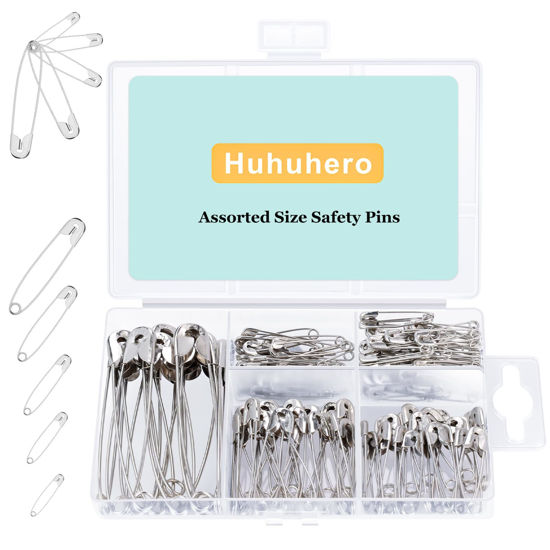 Picture of Huhuhero 160Pcs Safety Pins, Large & Small Safety Pins for Clothes Sewing Craft, Nickel Plated Steel Assorted Size Pins Bulk, Art and Craft Supplies (Sliver)