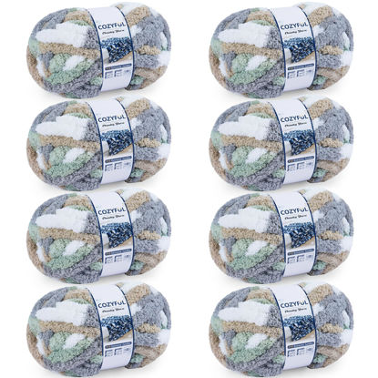 Picture of Cozyful Chunky Yarn for Hand Knitting - #10 Chunky Chenille Blanket Yarn, Jumbo Big Thick Chunky Yarns for Crocheting, Tie Dye Bulky Knit Yarns, 8 Skein (25 yds 8 oz Each Skein), Cream&Sage&Grey&Khaki