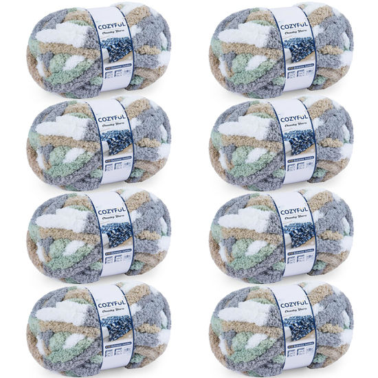 Picture of Cozyful Chunky Yarn for Hand Knitting - #10 Chunky Chenille Blanket Yarn, Jumbo Big Thick Chunky Yarns for Crocheting, Tie Dye Bulky Knit Yarns, 8 Skein (25 yds 8 oz Each Skein), Cream&Sage&Grey&Khaki