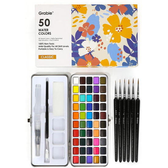 Picture of Grabie 50 Colors Watercolor Paint Set, Detail Paint Brush Included, Watercolor Paints, Painting Sets, Art Supplies for Painting, Travel Watercolor Set, Amateur Hobbyists