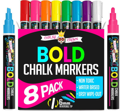 Picture of Bold Chalk Markers - Dry Erase Marker Pens - Liquid Chalk Markers for Chalkboards, Signs, Windows, Blackboard, Glass, Mirrors - Chalkboard Marker with Reversible Tip (8 Pack) - (Multicolored, 6mm)