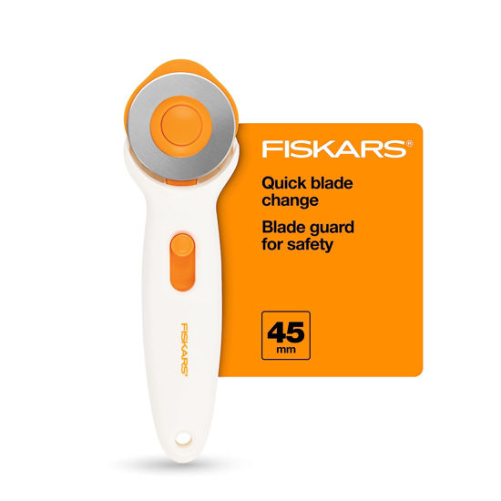 Picture of Fiskars 45mm Rotary Cutter for Fabric, Premium Steel Stick Fabric Cutter Cuts Through Multiple Layers, Right and Left Handed, Easy and Safe Blade Change, Arts and Crafts, Sewing and Quilting Tools