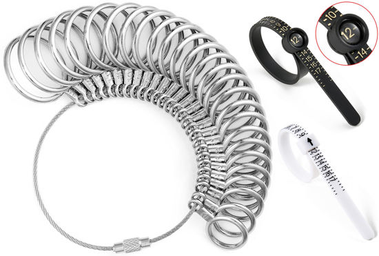 Picture of Bflaae Ring Sizer Measuring Tool Kit, 27 PCS Stainless Steel Measuring Ring Tool, US Ring Size 0-13 with Half Size, 2 PCS Reusable Finger Size Tape with Magnified Glass 1-17 USA Rings Size