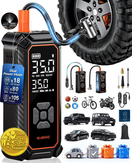 Picture of OlarHike Cordless Tire Inflator Portable Air Compressor, 150PSI Dual Power - 6000mAh & 12V DC, Air Pump for Car Tires, Bike, Motorcycle, Balls with LED & Digital Pressure Gauge, Car Gifts
