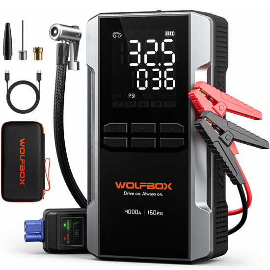 Picture of WOLFBOX 4000A Jump Starter with 160PSI Air Compressor, 12V Car Battery Booster, 65W Fast Charge, 88.8Wh Portable Tire Inflator, LED Display for 10L Gas & 10L Diesel Engines, LED Light, Jumper Cables