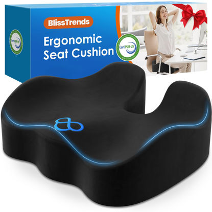 Picture of BlissTrends Seat Cushion,Thick Memory Foam Cushions for Office Chair, Car Seat, Airplane, Relieving Pressure Tailbone Sciatica Back Pain for Long Sitting Office Workers, Car Drivers 4.7in Thick Black