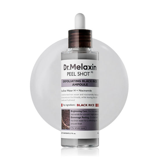 Picture of Dr.Melaxin Peel Shot Glow Black Rice Peeling Ampoule 80ml, Dead Skin Gentle Exfoliating Ampoule with Rice Water Extract, AHA BHA, Niacinamide, Daily Skin Texture Care, All Skin Types, Korean Skincare