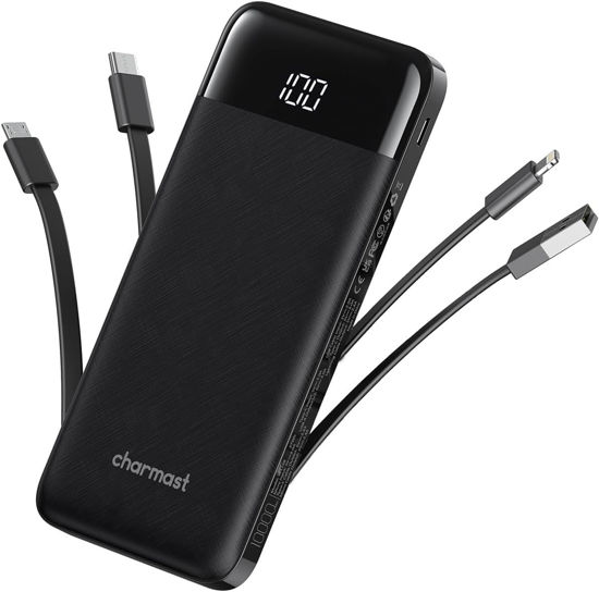 Picture of charmast Portable Charger with Built in Cables, Power Bank with Cords Wires, Slim 10000mAh Travel Battery Pack 6 Outputs 3 Inputs 3A Fast Charging for Samsung Google Pixel LG Moto iPhone iPad