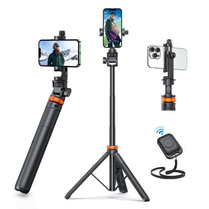 Picture of EUCOS 62" Phone Tripod, Tripod for iPhone & Selfie Stick with Remote, Extendable Cell Phone Stand & Ultimate Phone Holder, Solidest Phone Stand Compatible with iPhone/Android