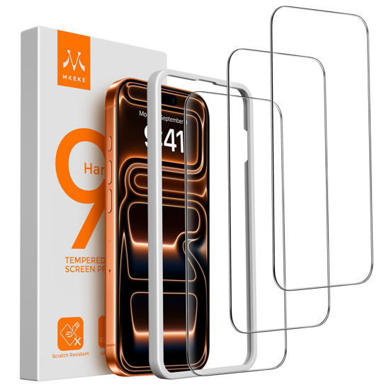 Picture of Mkeke 3 Pack Screen Protector for iPhone 17 Pro Max 6.9"，[9H+ Tempered Glass] [Easy Installation Frame][Military-Grade Drop Protection] HD Clear, Anti-Scratch, Bubble Free