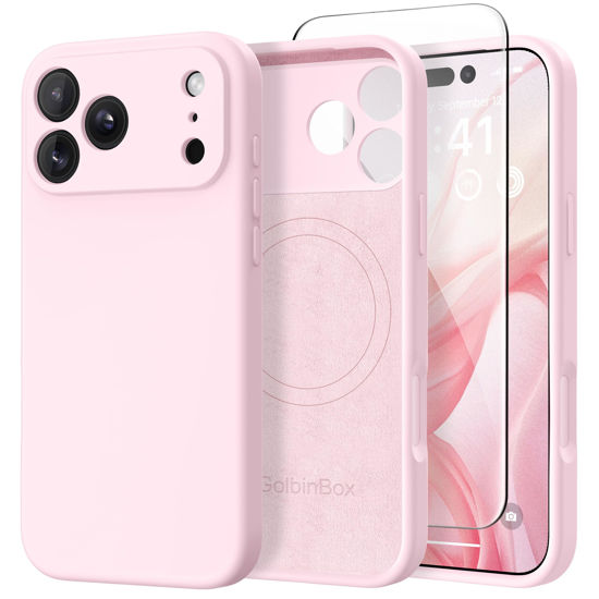 Picture of GolbinBox Magnetic for iPhone 17 Pro Max Case, Compatible with MagSafe, [Full Camera Protection] [Screen Protector], Silicone Shockproof Phone Cover with Anti-Scratch Microfiber Lining, Chalk Pink