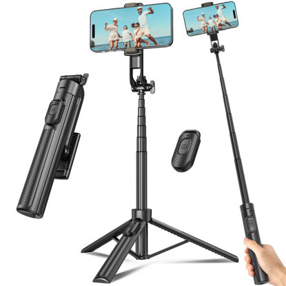 Picture of Selfie Stick Travel Tripod for Cell Phone with Remote Control and Phone Holder, Extendable Selfie Stick for iPhone, iPhone Tripod for Video Recording, 50 Inch, Black