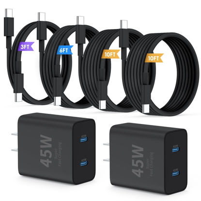Picture of QZIIW Super Fast Samsung Charger Type C,45W Dual Port USB C Fast Charger Block [2-Pack] & Extra Long 60W 3/6/10/10FT USB C Cable - PD Quick Charging 3.0 For Samsung Galaxy S25 Ultra/S24+/S23 iPhone 16