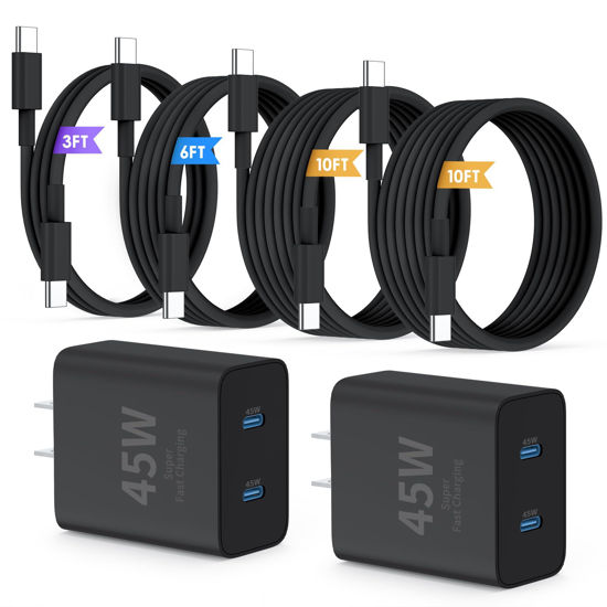 Picture of QZIIW Super Fast Samsung Charger Type C,45W Dual Port USB C Fast Charger Block [2-Pack] & Extra Long 60W 3/6/10/10FT USB C Cable - PD Quick Charging 3.0 For Samsung Galaxy S25 Ultra/S24+/S23 iPhone 16
