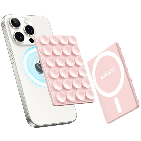 Picture of amBand Magnetic Suction Phone Mount for MagSafe Case, Silicone Octo Cup Buddy Sticky Grip Holder for iPhone, Removable Hands-Free Selfie/Video for TikTok Influencers, Women Gift, Light Pink