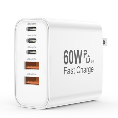 Picture of USB C Charger Block, 60W 5 in 1 Charging Blocks, PD 3.0 Fast Charger iPhone, QC 2A Wall Plug Multiport Type C Charging Block for iPhone 17 16 15 14 13 12 Pro Max, iPad, iPod, Samsung, AirPods Pro