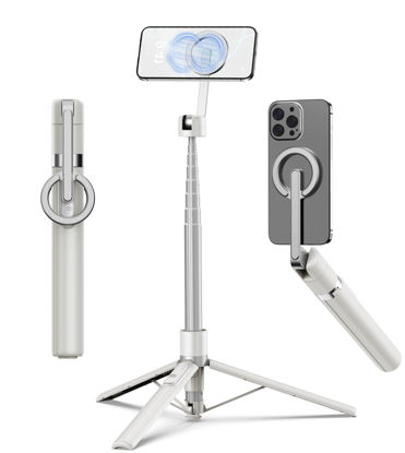 Picture of TONEOF 68" Magnetic Selfie Stick Tripod with Aluminum Strong Magnetic Holder for Magsafe, 360° Rotatable Travel Phone Tripod Stand with Metal Ring & Rechargeable Remote for iPhone/Android(Beige Gray)