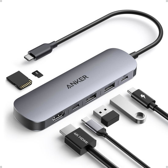 Picture of Anker USB C Hub, 7-in-1 Multi-Port USB Adapter for Laptop/Mac, 4K@60Hz USB C to HDMI Splitter, 85W Max Power Delivery, 3xUSBA & C 3.0 Data Ports, SD/TF Card, for Type C Devices (Charger Not Included)