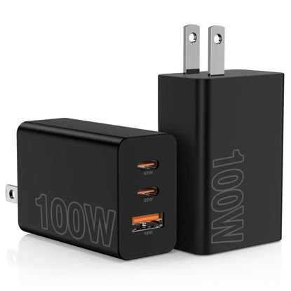Picture of 2Pack 100W USB C Wall Charger Block, 3-Port USB C Charging Adapter,65W Type C Super Fast Charging Power Plug Cube for MacBook Pro/Air,i-Pad Pro,i-Phone 17/16/15, Galaxy S25,and More-Black