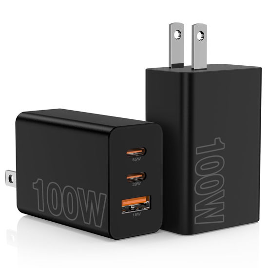 Picture of 2Pack 100W USB C Wall Charger Block, 3-Port USB C Charging Adapter,65W Type C Super Fast Charging Power Plug Cube for MacBook Pro/Air,i-Pad Pro,i-Phone 17/16/15, Galaxy S25,and More-Black