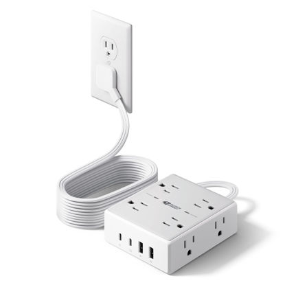 Picture of 10Ft Extension Cord with Multiple Outlets, Flat Plug Surge Protector Power Strip 10 Ft Long Cord, 8 Outlets & 4 USB Ports (2 USB C), Desk Charging Station for Home Office, College Dorm Room Essentials