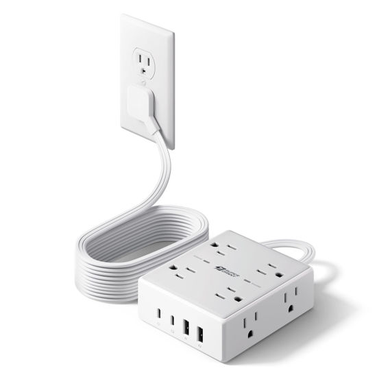 Picture of 10Ft Extension Cord with Multiple Outlets, Flat Plug Surge Protector Power Strip 10 Ft Long Cord, 8 Outlets & 4 USB Ports (2 USB C), Desk Charging Station for Home Office, College Dorm Room Essentials
