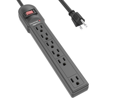 Picture of Amazon Basics Surge Protector Power Strip, 6-Outlet, 790 Joules, LED Indicator, 6ft Extension Cord, Black