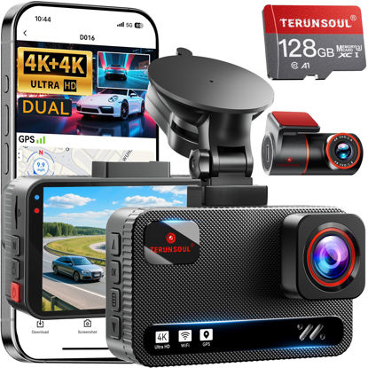 Picture of TERUNSOUl 4K+4K Dash Cam Front and Rear, Free 128GB Card Included, 5.8GHz WiFi Dash Camera for Cars, Built-in GPS, G-Sensor, 170°Wide Angle, 3" IPS Screen, 24H Parking Mode, Support 512GB Max