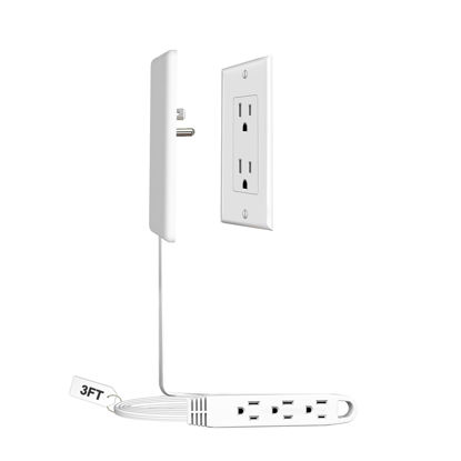 Picture of CABOCASA 3FT Ultra Flat Plug Extension Cord Power Strip with 3 Outlets, Patented Detachable Ultra-Thin Outlet Cover Concealer & Ultra-Flat Plug, Max. 13A 125V 1625W ETL Listed, White Color