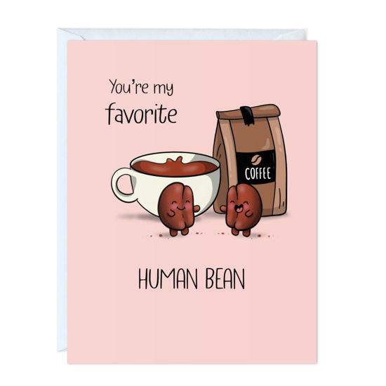 Picture of ALY LOU Valentines Card Boyfriend, Girlfriend, Husband, Wife - Cute Coffee Funny Anniversary & Birthday Card for Him Her - Punny VDay Love Greeting Card Blank Inside (You're my favorite human bean)