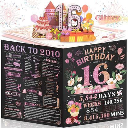 Picture of 16th Birthday Card for Women Her, Large 3D Pop Up 16th Birthday cards for Mom Wife, Happy 16 Year Old Birthday Decorations for Grandma, Mother, Daughter Funny Birthday Gifts, Back to 2010, Pink