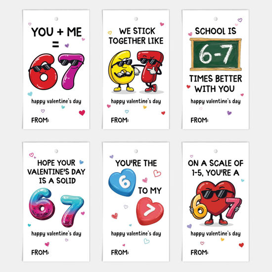 Picture of 24-Pack Slang 67 Valentine Cards for Kids, Class Valentines Day Gifts for Kids, Trendy Stickman Designs for Classroom & School, Gen Alpha Gifts for Gen Alpha Kid, Teens, Tweens, Bulk Set Six Seven Cards (67 Valentine)