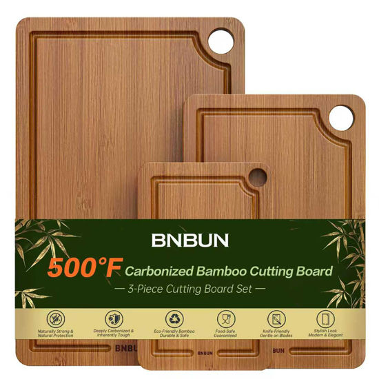Picture of Bamboo Cutting Board for Kitchen, 3-Piece Set with Juice Grooves, Side Handles & Non-Slip Mats - Durable Bamboo Chopping Board for Meat, Vegetables and Fruits