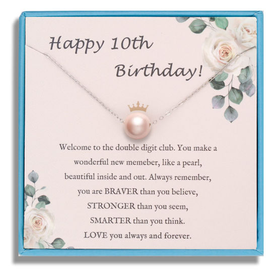 Picture of Sereney 10 Year Old Girl Birthday Gifts, Sterling Silver Pink Pearl Necklace as Gifts for 10 Year Old Girl, 10th Birthday Present for Girll Adjustable Length Double Digits Birthday Gril Trendy Lockets
