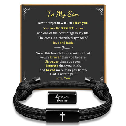 Picture of PEALICIOUS to My Son Bracelet from Mom as Valentines Day Gifts for Son, Mens Cross Bracelet Teen Boy Valentine's Gifts from Mom Inspirational Christian Baptism Confirmation Birthday Jewelry