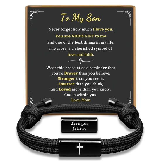 Picture of PEALICIOUS to My Son Bracelet from Mom as Valentines Day Gifts for Son, Mens Cross Bracelet Teen Boy Valentine's Gifts from Mom Inspirational Christian Baptism Confirmation Birthday Jewelry