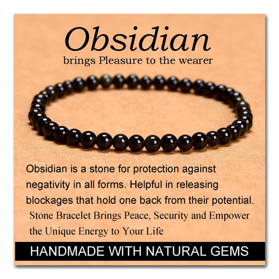 Picture of MASSIVE BEADS Black Obsidian - Stone of Pleasure - Handmade Yoga Stretch Elastic Bracelet Natural Stone Crystal Healing Power Energy Gifts for Unisex Adult 4mm