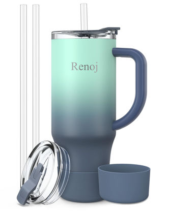 Picture of Renoj Tumbler with Handle 100% Leak Proof Insulated Water Bottle for Iced Coffee & Hot Drinks - Fits Car Cup Holder, Ideal Gift, 2 Straws & Silicone Boot BPA-Free - SnapShift Blue Gradient 32 oz