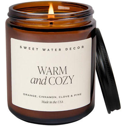 Picture of Sweet Water Decor Warm and Cozy Soy Candle - Orange Peel, Cinnamon, Ginger and Clove Scented Candles for Home - 9oz Amber Jar + Black Lid, 40+ Hour Burn Time, Made in The USA