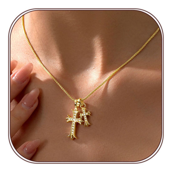 Picture of Partm Double Cross Necklace for Women Dainty Cross Pendant Choker 14K Gold Plated Trendy CZ Diamond Cross Charm Necklace Hypoallergenic Delicate Faith Jewelry Religious Gifts for Women
